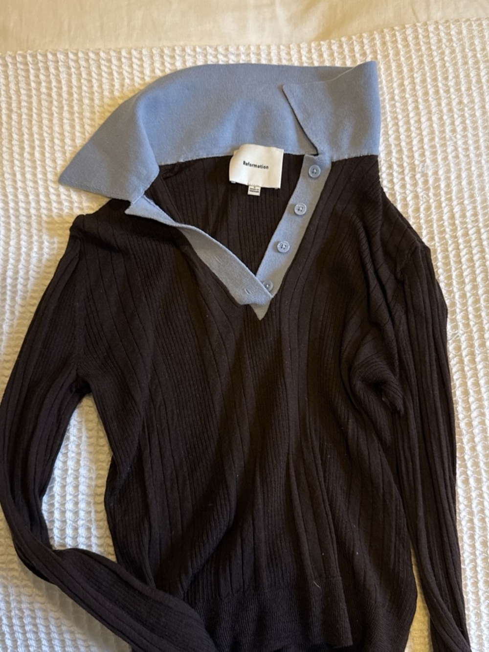 Reformation Hermia Regenerative Merino Polo in Black with Light Blue Collar - Picture 5 of 5